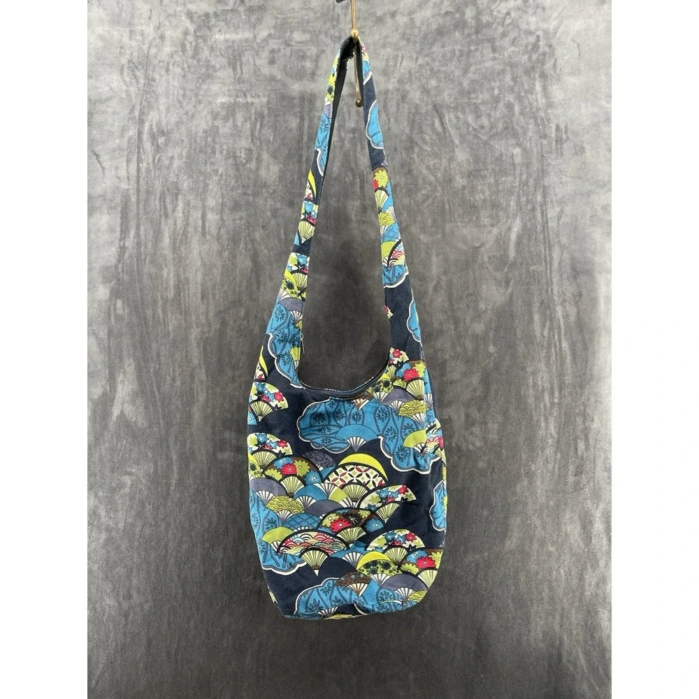 Boho Cotton Sling Crossbody Hobo Bag Blue Floral Zip Shoulder Purse